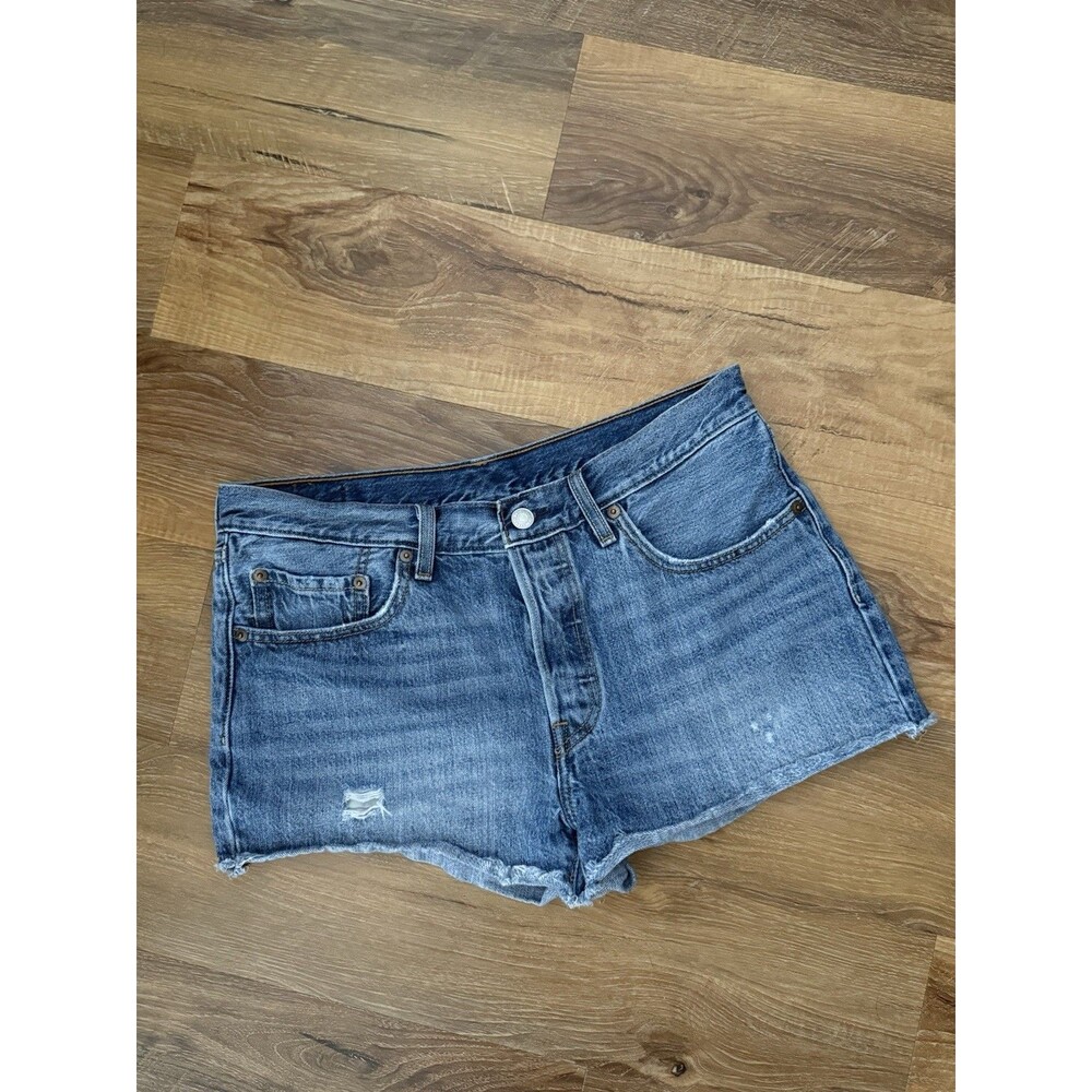 Levi's 501 Shorts Womens 30 Blue Denim Whiskered Red Tab Frayed Hem Button Fly